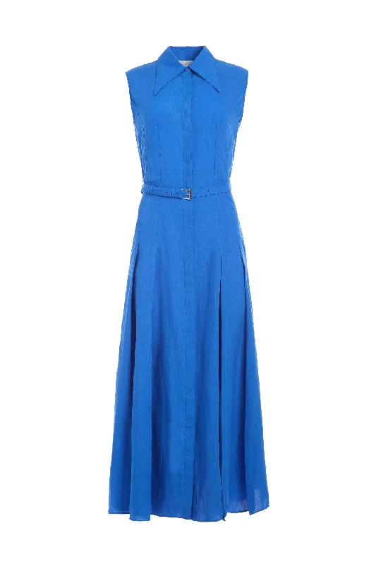 Timeless Women's Apparel Durand Pleated Maxi Shirtdress in Sapphire Aloe Linen