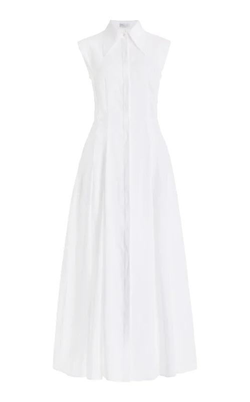 Women's Plus-Size Clothes Durand Pleated Maxi Shirtdress in White Aloe Linen