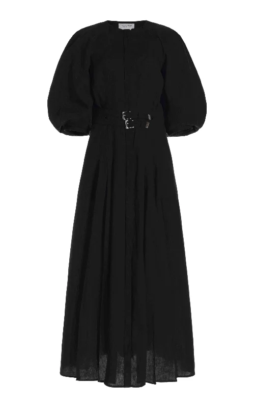 Women's Elegant Apparel Elea Pleated Maxi Dress in Black Aloe Linen