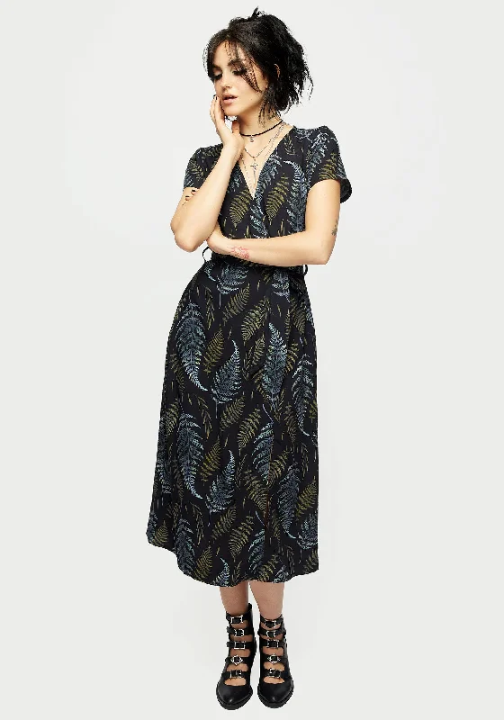 Women's Sporty Clothes Frond Print Faux Wrap Midi Dress