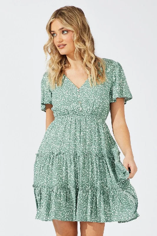 Women's Comfortable Lounge Outfit Green Ditsy Fit And Flare Dress V-neck Mini