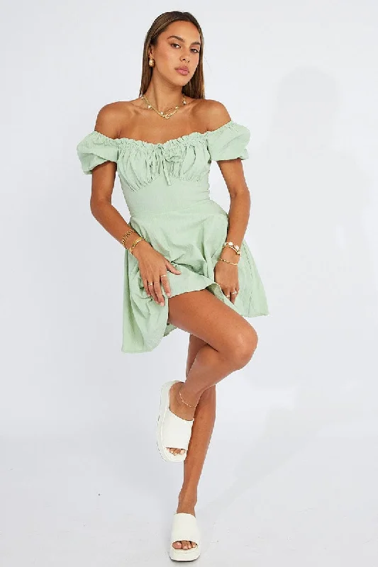 Women's Cozy Clothes Green Fit And Flare Dress Puff Sleeve Mini