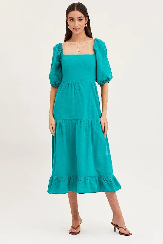 Stylish Women's Attire Green Maxi Dress Linen