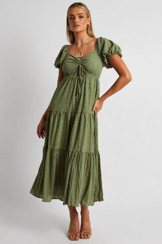 Women's High-Fashion Attire Green Midi Dress Puff Sleeve Ruch Front