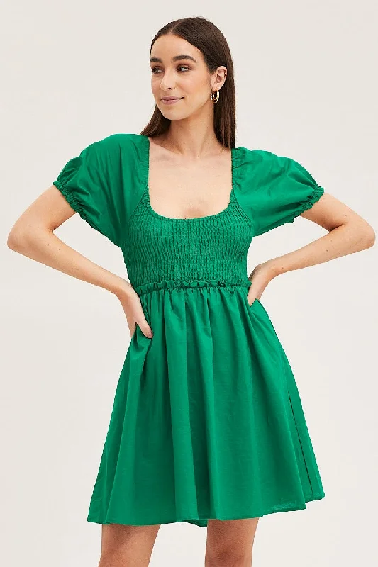 Women's Workout Clothing Green Puff Sleeve Linen Shirred Skater Dress