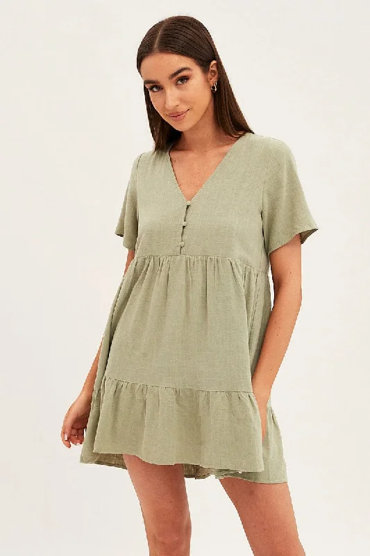 Women's Office Attire Green Smock Dress Short Sleeve V Neck Linen Blend