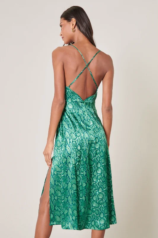 Affordable Online Boutique Gwendolyn Snake Print Parting Ways Satin Midi Dress
