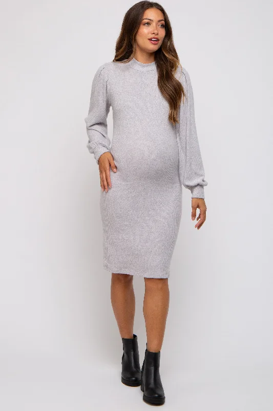 Women's Formal Event Outfit Heather Grey Ribbed Long Sleeve Mock Neck Maternity Dress