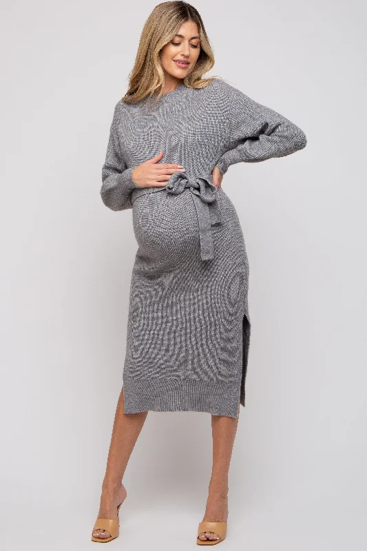 Women's Outerwear Clothing Heather Grey Side Slit Maternity Sweater Midi Dress