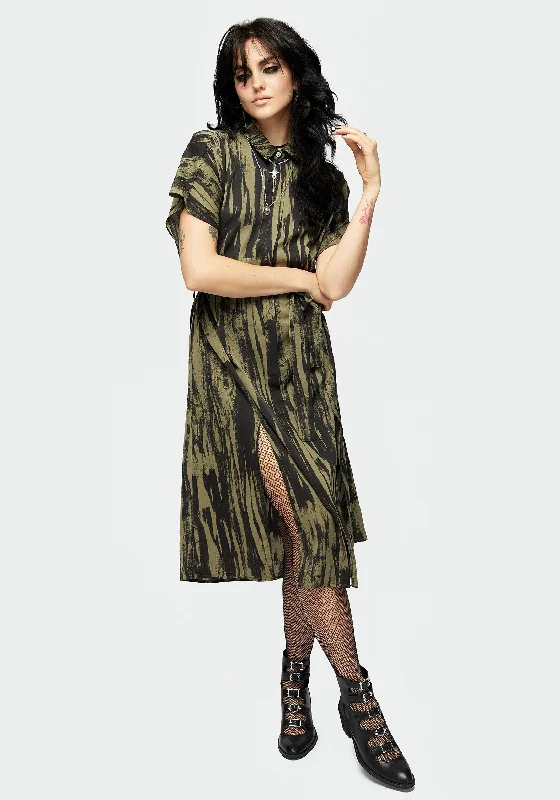 Women's Layered Outfit Hegemone Tie Waist Midi Shirt Dress