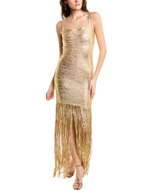 Chic Women's Outfit Herve Leger Banded Foil Fringe Gown
