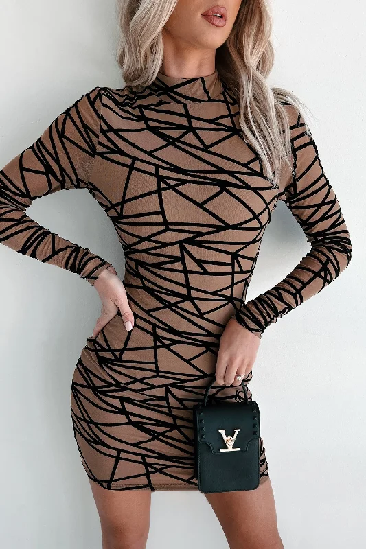 Women's Athletic Garments It's My World Geometric Mesh Bodycon Dress (Mocha)