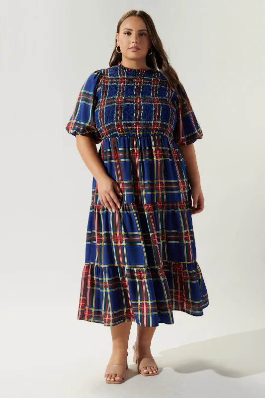 Discount Price Lakeview Plaid Smocked Tiered Midi Dress Curve