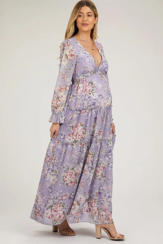 Women's Versatile Apparel Lavender Floral Chiffon Deep V Ruffle Tiered Maternity Maxi Dress Women's Versatile Apparel Lavender Floral Chiffon Deep V Ruffle Tiered Maternity Maxi Dress
