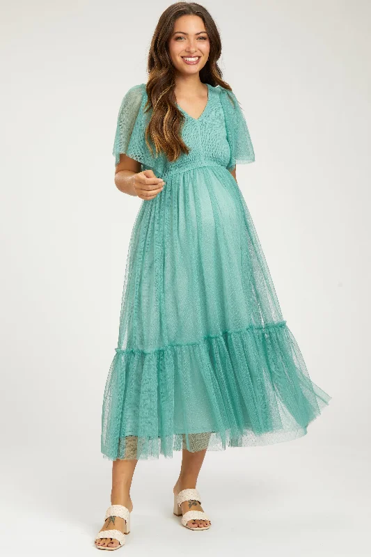 Cheap Women's Clothing Online Light Olive Dotted Tulle Smocked Maternity Midi Dress