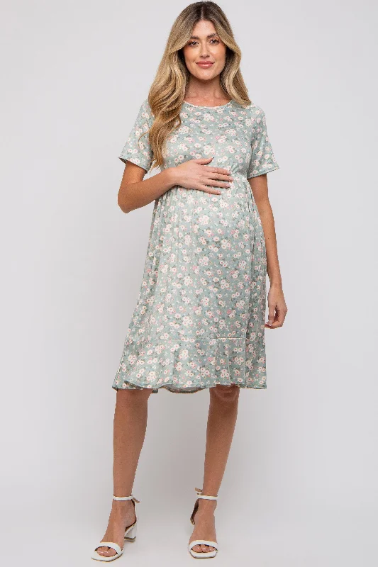 Women's Comfy Attire For Lounging Light Olive Floral Knit Short Sleeve Maternity Dress