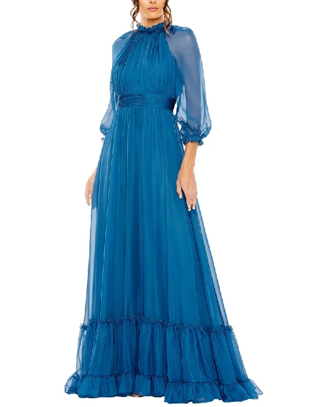 Women's Trendy Outfit Mac Duggal Chiffon Ruched Illusion Raglan Sleeve Ruffled Gown