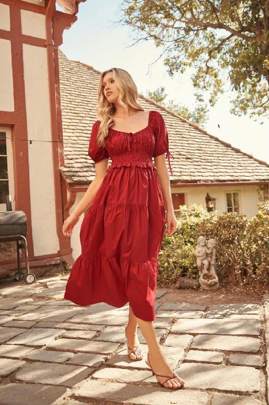 Stylish Women's Clothes for Work and Play Maribeth Poplin Puff Sleeve Tiered Midi Dress