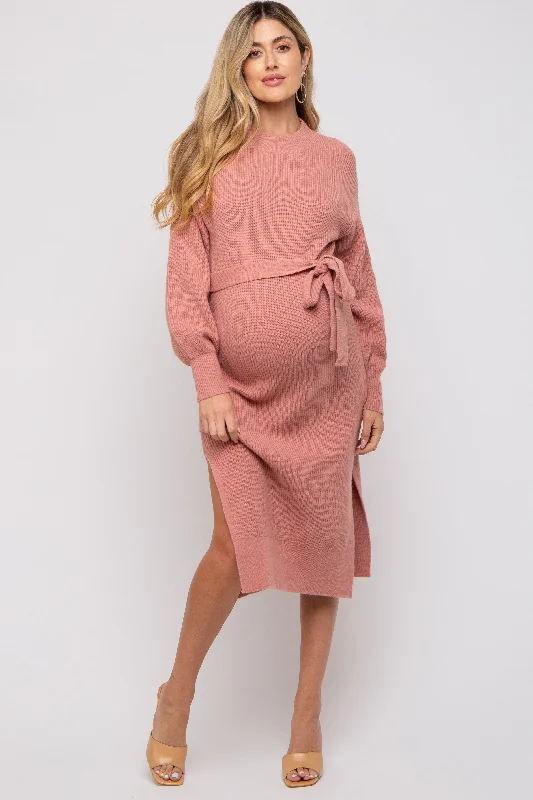 Timeless Women's Garments Mauve Side Slit Maternity Sweater Midi Dress