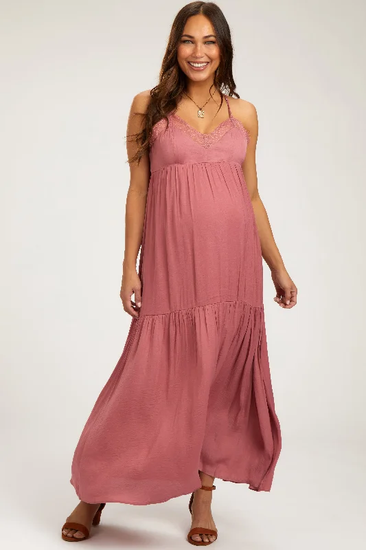 Holiday Discount Mauve Sleeveless Lace Tiered Maternity Maxi Dress