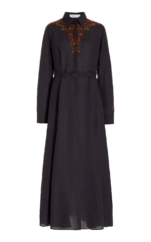 Stylish Everyday Clothing Mcgraw Embroidered Shirtdress in Charcoal Aloe Linen