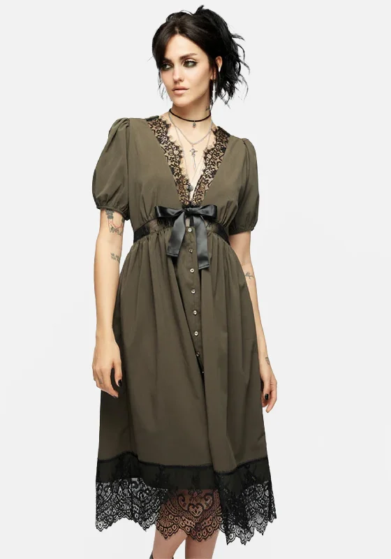 Trendy Athleisure Clothing For Women Mortuary Lace Button Up Midi Dress in Tea Leaf