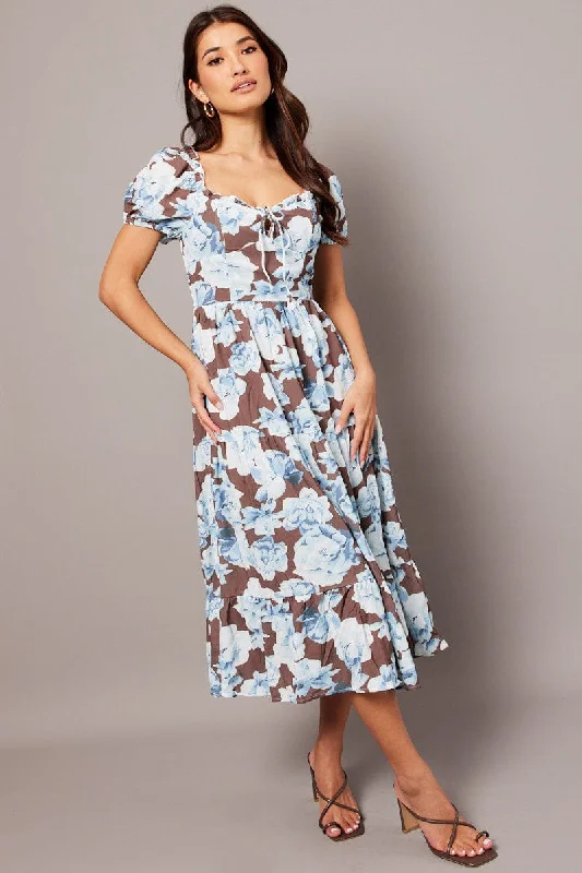 Women's Vacation Outfit Set Multi Floral Maxi Dress Puff Sleeve