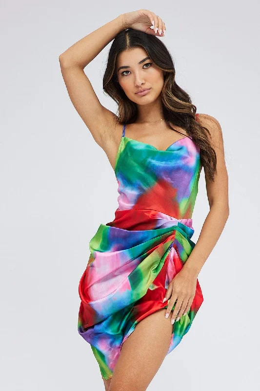 Women's Transitional Attire Multi Print Mini Dress Ruched Ombre Cowl Neck Satin