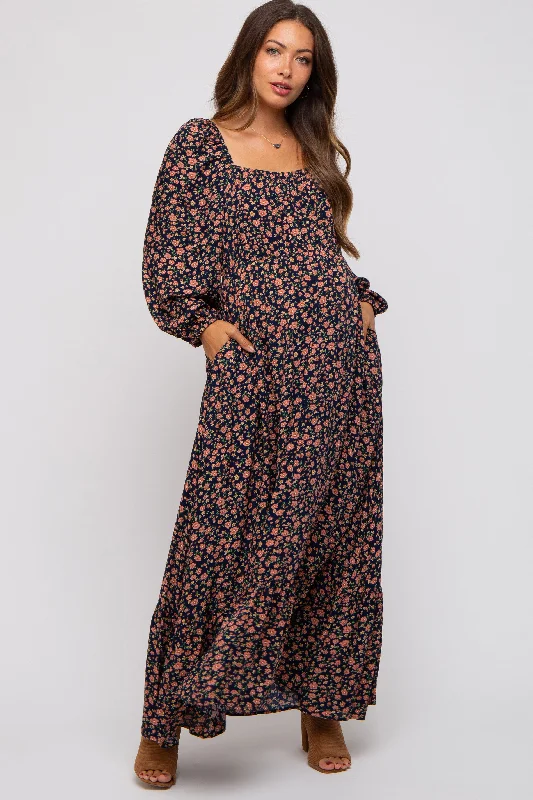 Classic Clothes For Women Navy Blue Floral Square Neck Ruffle Maternity Maxi Dress