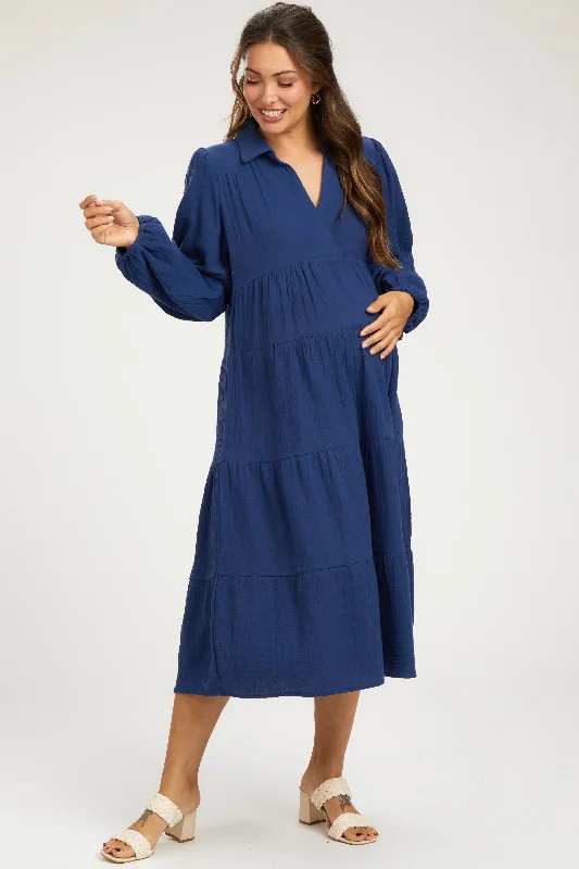Timeless Women's Outfit Navy Light Weight Collared Tiered Maternity Midi Dress
