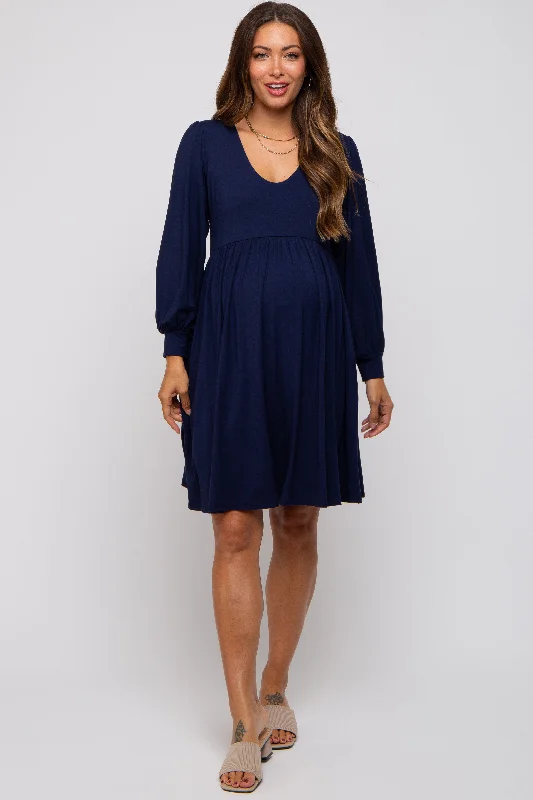 Charming Women's Outfit For Special Occasions Navy Long Puff Sleeve Maternity Dress