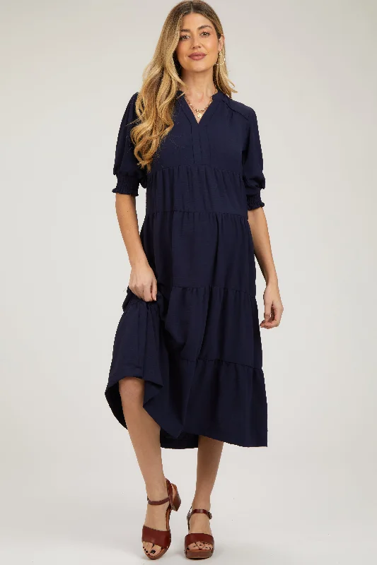 Fashionable Dresses for Women Navy Short Sleeve Tiered Maternity Midi Dress
