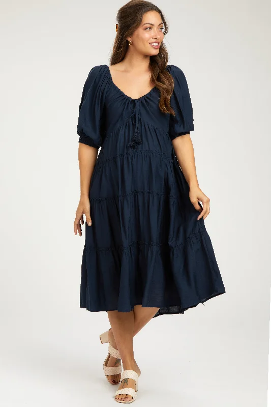 Luxury Women's Fashion Navy Tiered Maternity Midi Dress