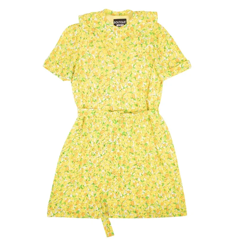 Women's Elegant Formal Outfit NWT BOUTIQUE MOSCHINO Yellow Lemon Print Silk Ruffle Neck Dress