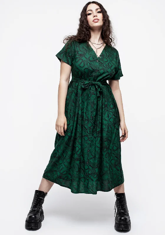 Women's Comfy Loungewear Outfit Ophidia Snake Print Button Up Midi Dress - Green