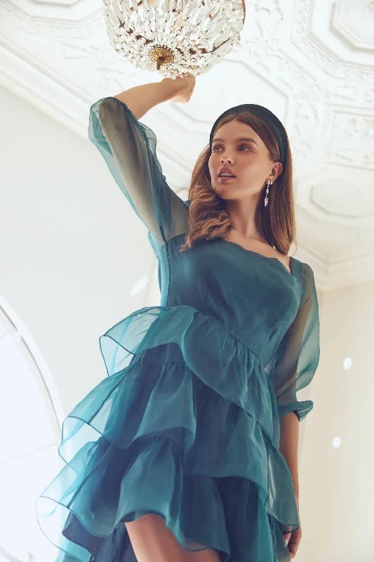 Women's Date Night Outfit Ozzie Square Neck Organza Tiered Mini Dress