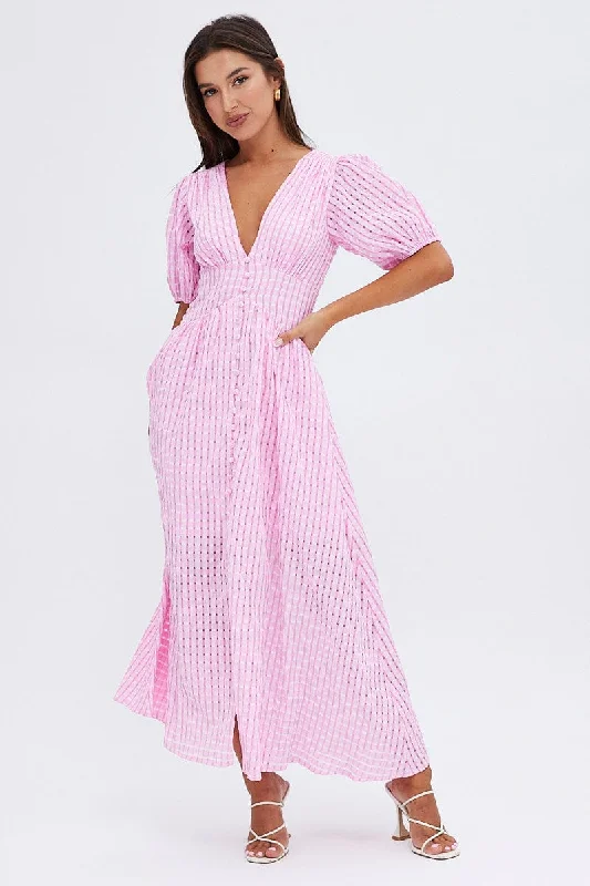 Casual Clothing For Women Pink Check Midi Dress Puff Sleeve V-Neck