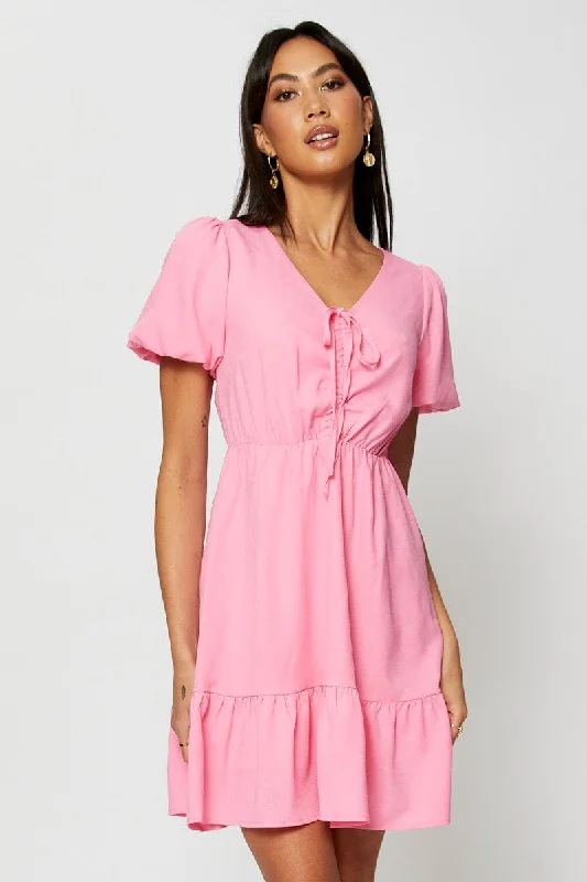 Women's Resort Garments Pink Fit And Flare Dress Short Sleeve V Neck