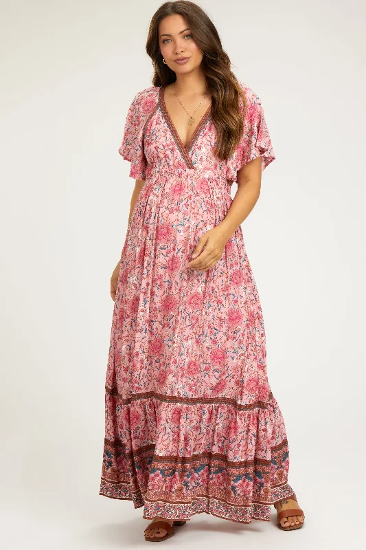 Women's Clothes And Apparel Pink Floral Flounce Sleeve Maternity Maxi Dress