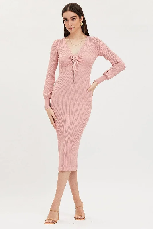Fashionable Women's Casual Apparel Pink Knit Dress Evening Midi