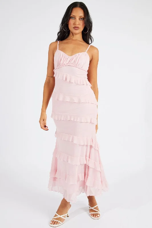 Comfortable Women's Outfits Pink Maxi Dress Sleeveless Sweetheart Frill Mesh