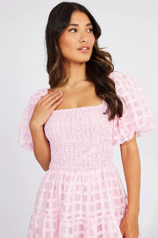 Women's Activewear Outfit Pink Midi Dress shirred Bust Puff Sleeve