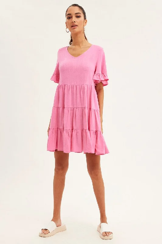 Women's Casual Clothing For Lounging Pink Relaxed Dress Short Sleeve Tiered Linen Blend