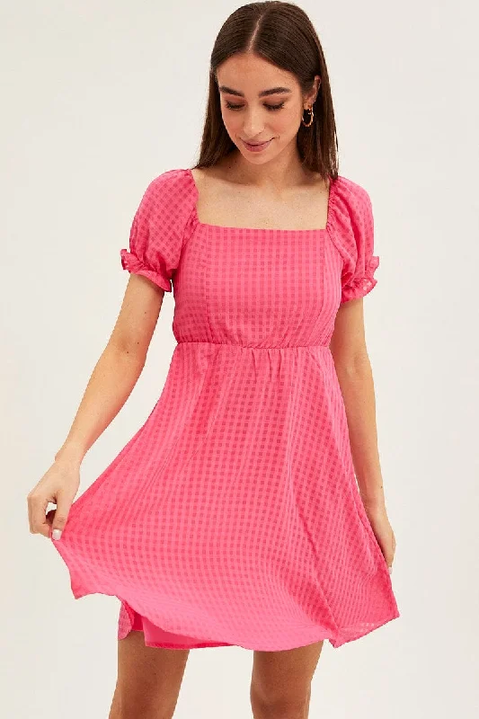 Fashion Women's Clothing Pink Square Neck Puff Sleeve Skater Dress