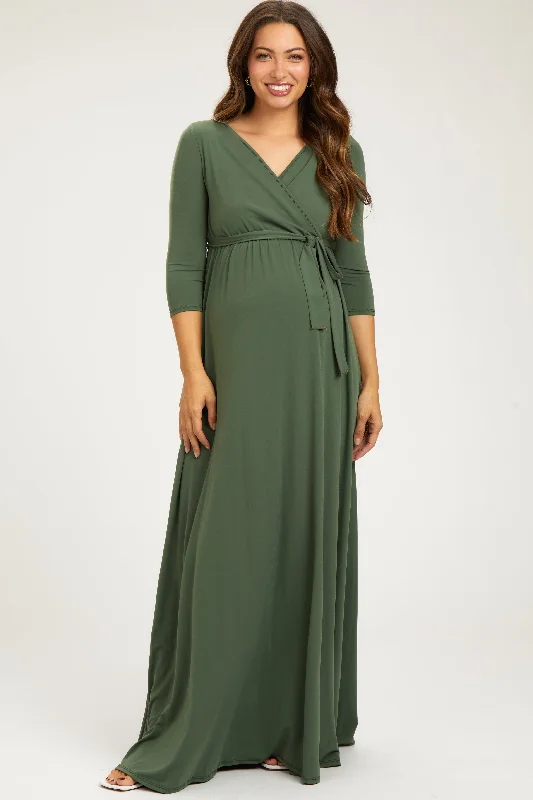 Women's Professional Attire PinkBlush Light Olive Draped 3/4 Sleeve Maternity Maxi Dress