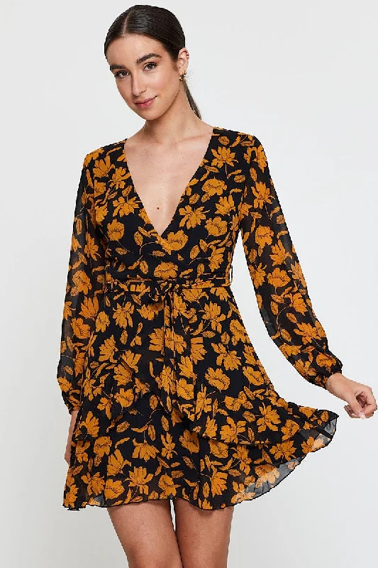 Women's Tailored Outfit Print Mini Dress Long Sleeve Evening