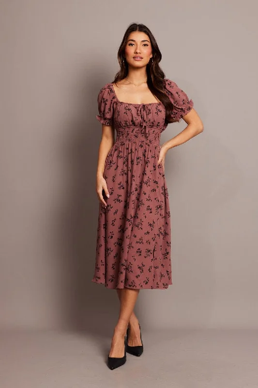 Charming Women's Clothes For Special Events Purple Ditsy Midi Dress Short Sleeve Ruched Bust