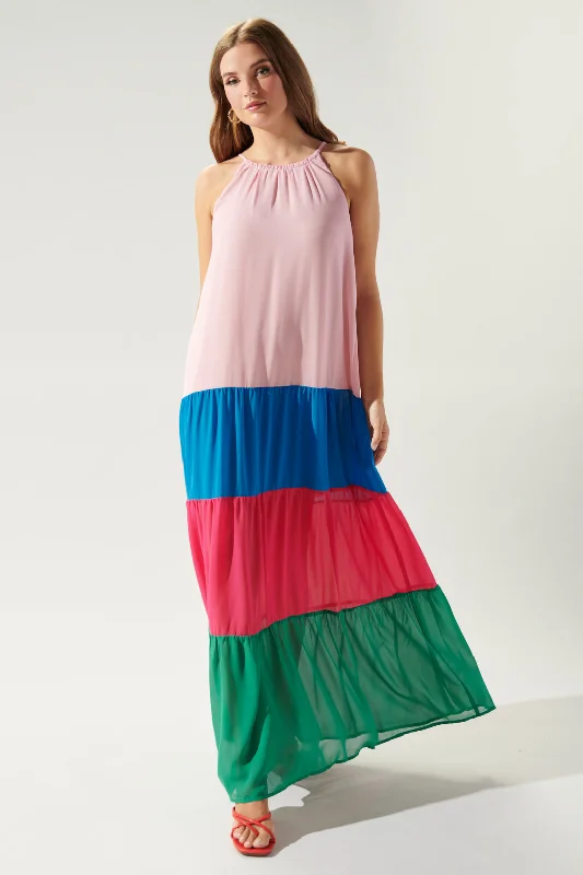 Women's Cozy Outfit For Lounging Rainbow Rays Colorblock Maxi Dress