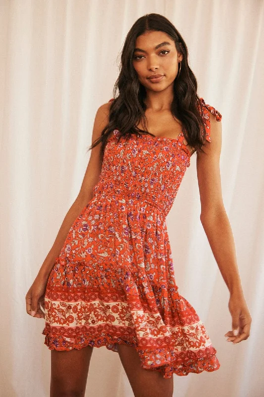 Women's Casual and Dressy Outfits Red Boho Fit And Flare Dress Mini Sleeveless Shirred Bust