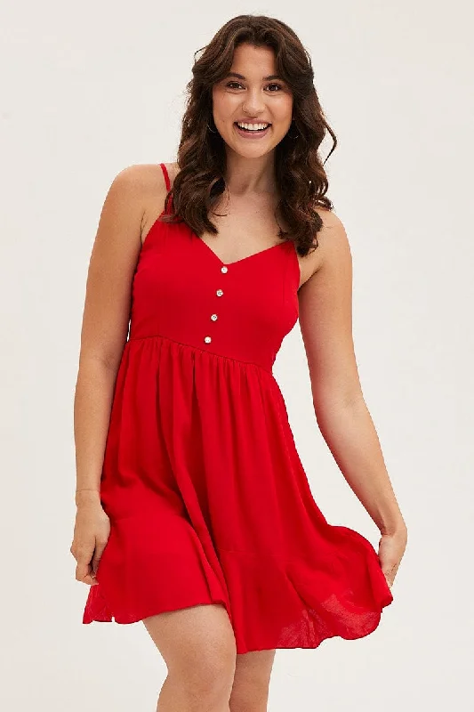 Women's Wardrobe Apparel Red Chiffon Skater Dress